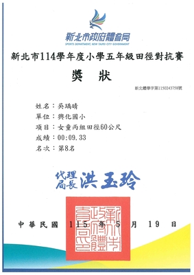 恭喜五年二班吳瑀晴參加114學年度新北市五年級田徑對抗賽獲得女童丙60公尺第八名