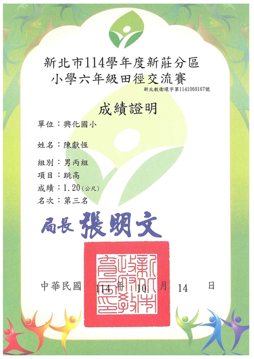恭喜六年二班陳獻恆獲得114年新莊區田徑對抗賽男童丙組跳高第三名圖片